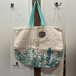 “Blessed”
Large Canvas Tote with Blue Green Leaf Design